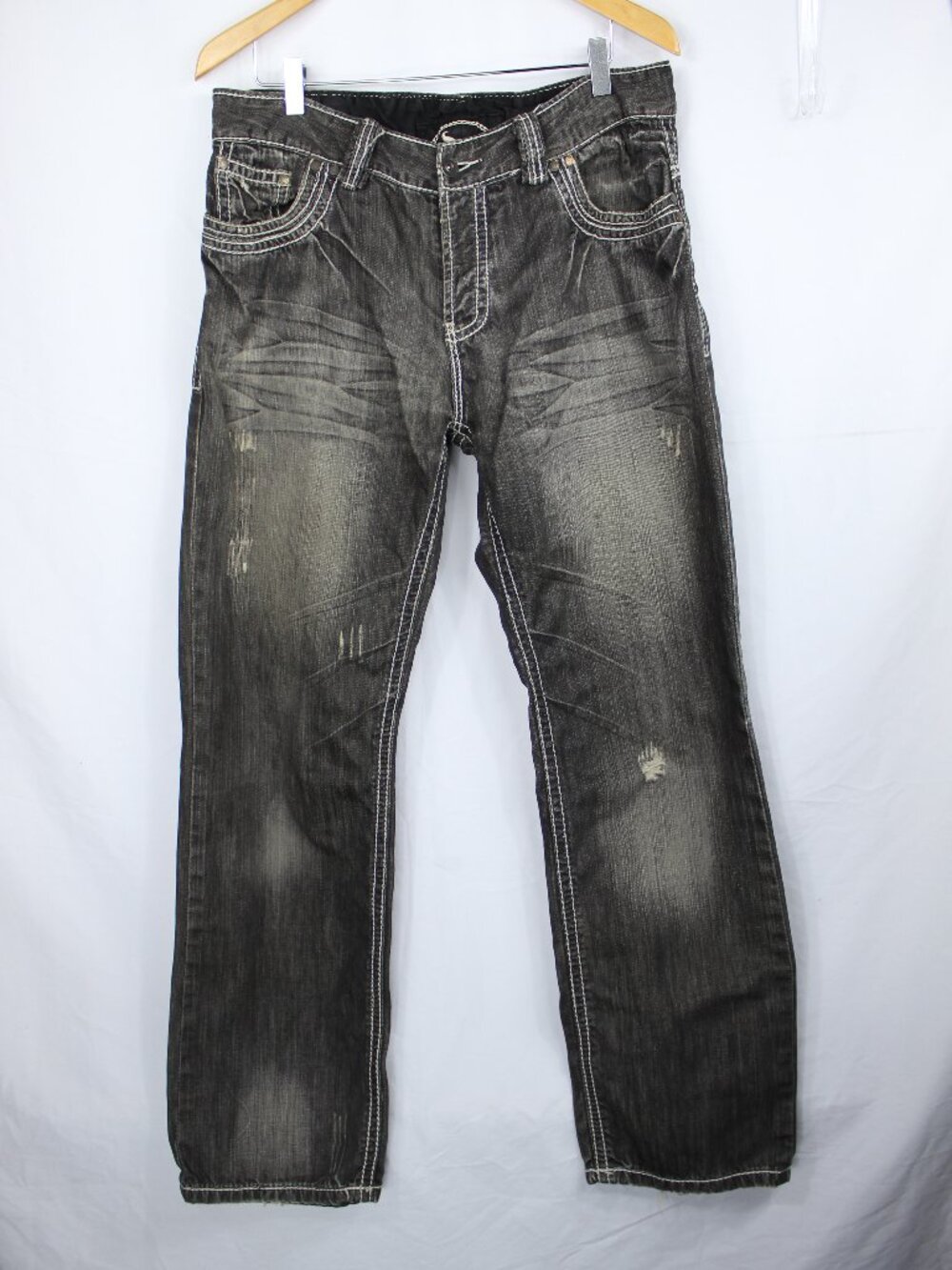 DO FADED WASH BLACK WEAR MEN'S STRAIGHT LEG DENIM JEANS SZ 36 MFG DISTRESSED Y2K